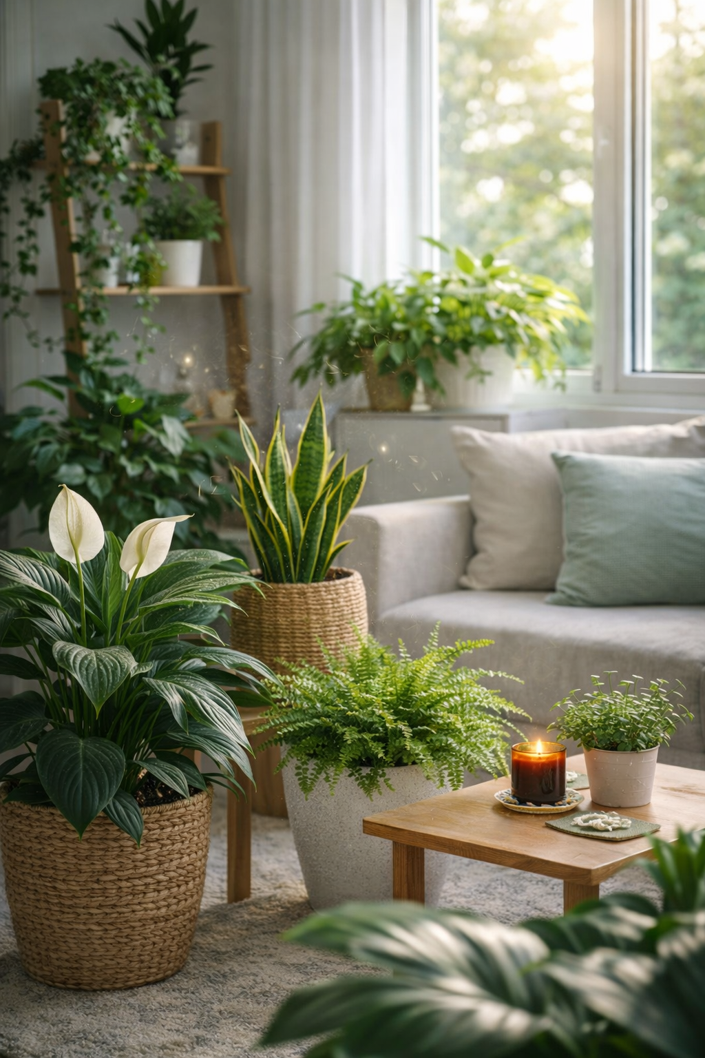 Groene kamerplant in een woonkamer die zuurstof produceert