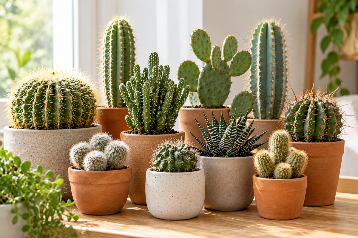 Cactussen in verschillende potten op een zonnige vensterbank, met goed zichtbare stekels en droge potgrond