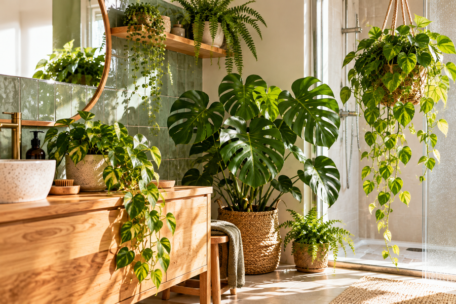 Grote groene kamerplant naast een houten badkamermeubel