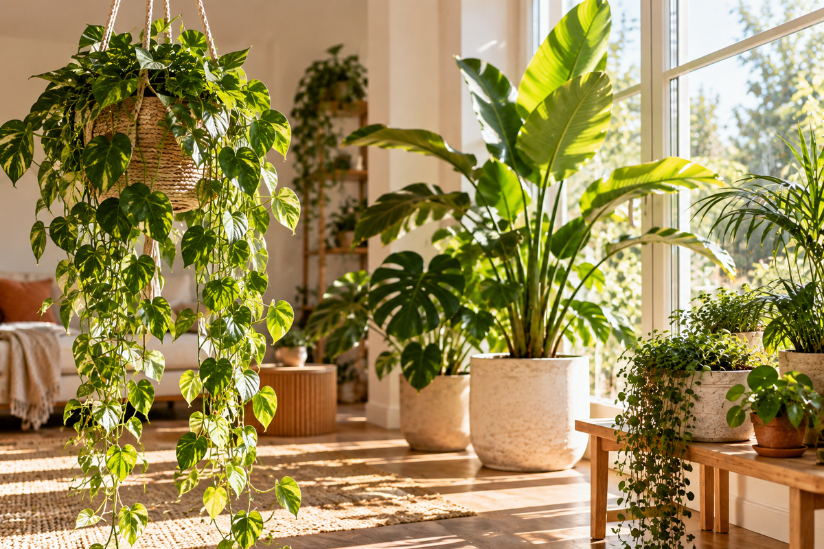Grote kamerplant naast een zonnig raam