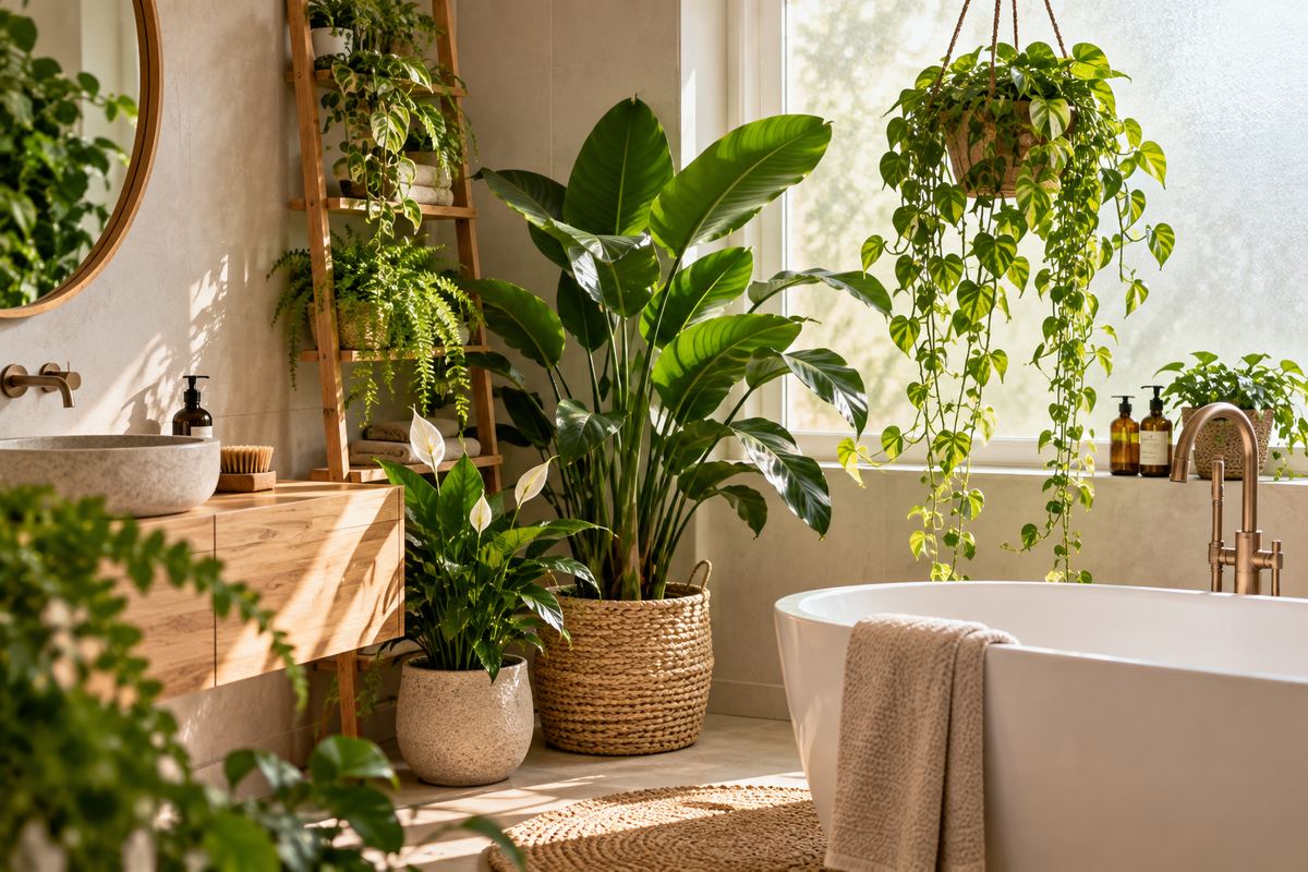 Groene kamerplanten in een lichte badkamer met houten accenten