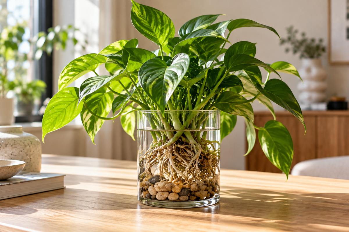 Plant in een glazen pot met zichtbare wortels