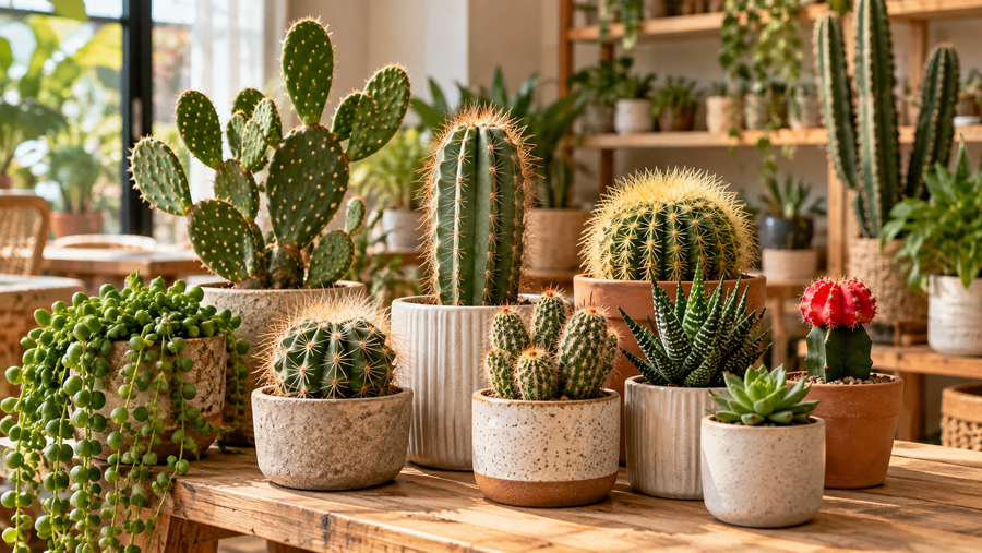 Verschillende cactussen en vetplanten in sierpotten op een houten tafel