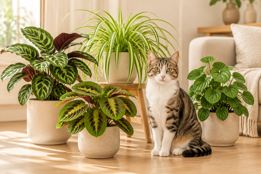 Kat tussen kamerplanten in een lichte woonkamer