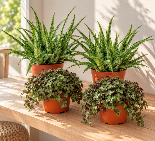 Sfeerbeeld van twee Aloe Spider met gevlekte, smalle bladeren en twee Callisia Turtle met groen-paars blad in terracotta kweekpotten