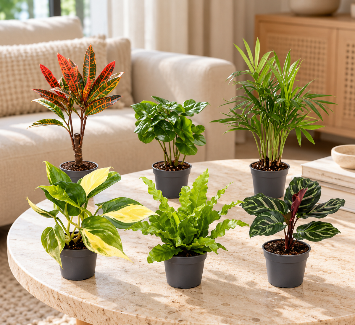 Baby plantjes verrassingsbox met zes mini kamerplanten op een salontafel