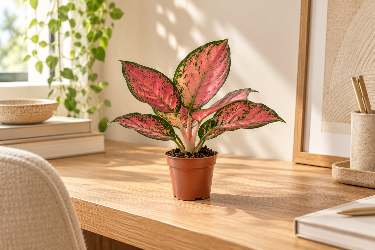Aglaonema Red Valentine met roze en groen blad op een licht eiken bureau in een warm Scandinavisch interieur