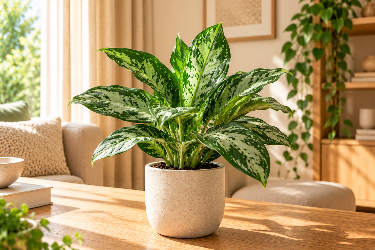 Aglaonema Silverado met zilvergroene bladeren in een lichte Scandinavische woonkamer