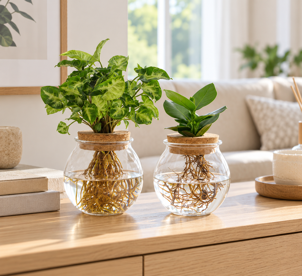 Bolglas Duo Clusia en Syngonium op een lichte houten tafel in een licht interieur
