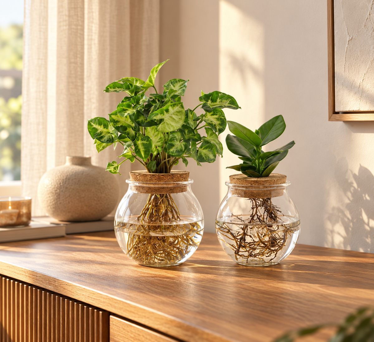 Bolglas Duo Clusia en Syngonium op een houten dressoir in warm daglicht