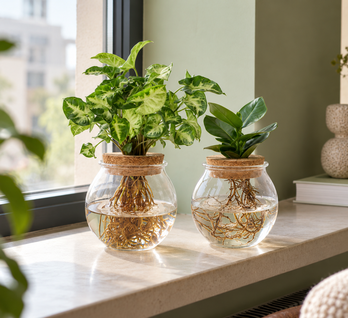 Bolglas Duo Clusia en Syngonium op een lichte vensterbank