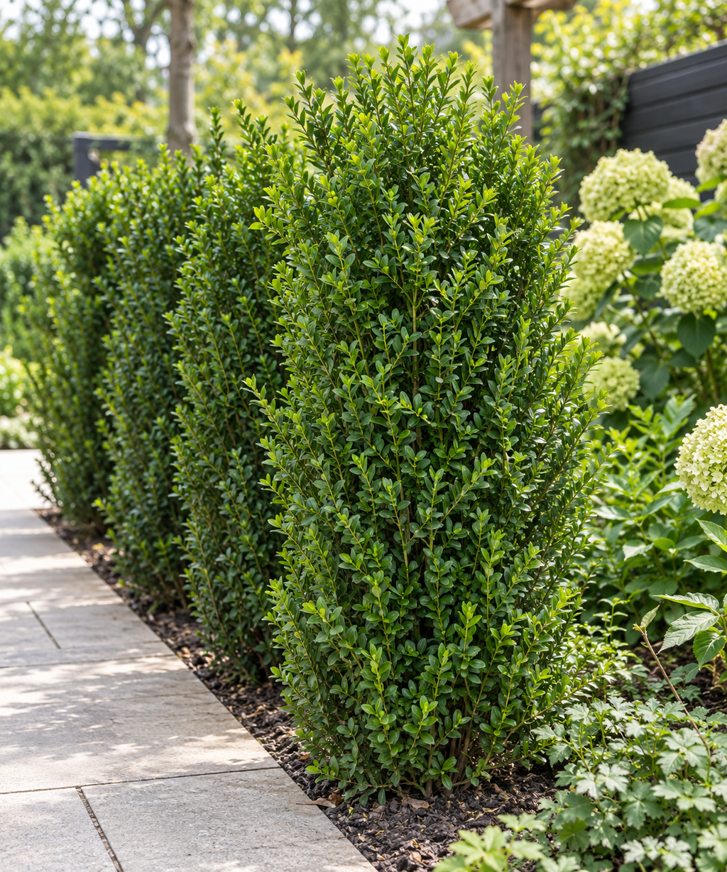 Buxus sempervirens met compact, glanzend groen blad langs een tuinpad