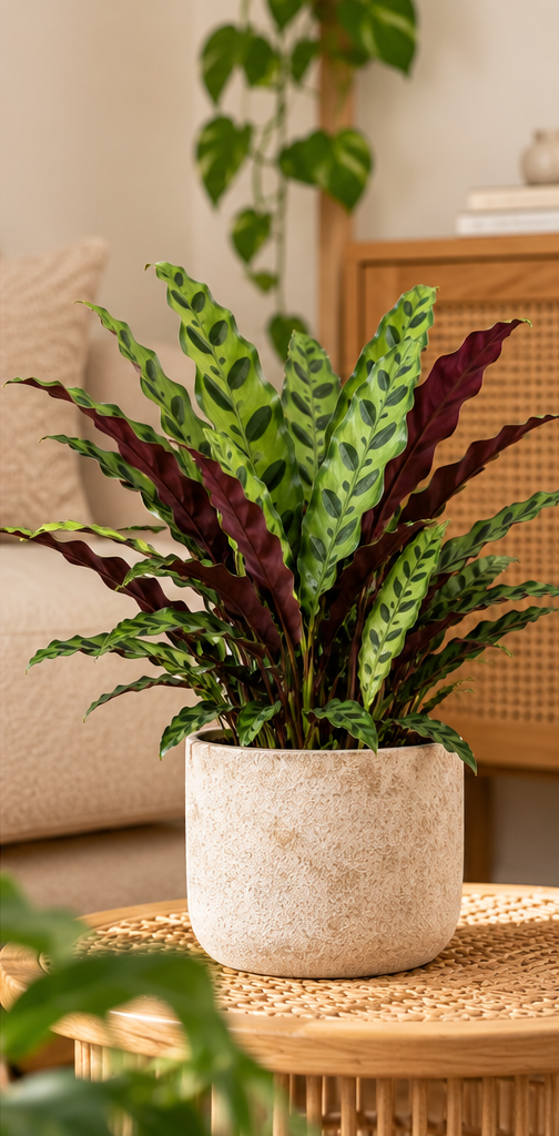 Calathea lancifolia Insignis in een lichte sierpot in een warm, neutraal interieur