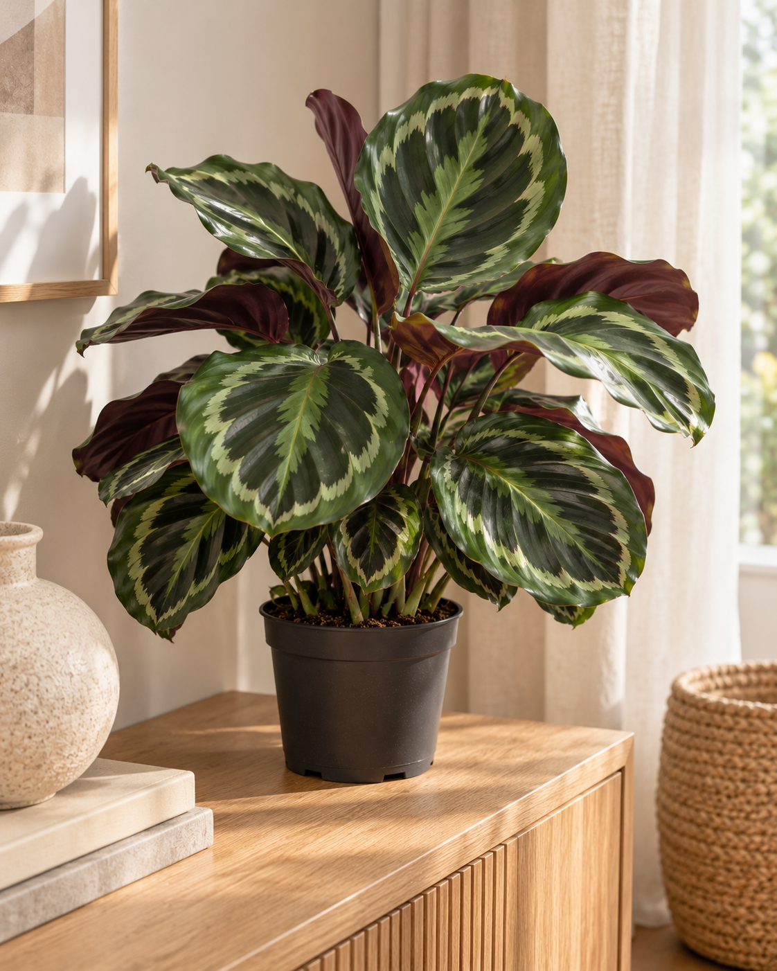 Calathea Medaillon met donkergroene bladeren en paarse bladonderkanten op een houten dressoir in een warm interieur