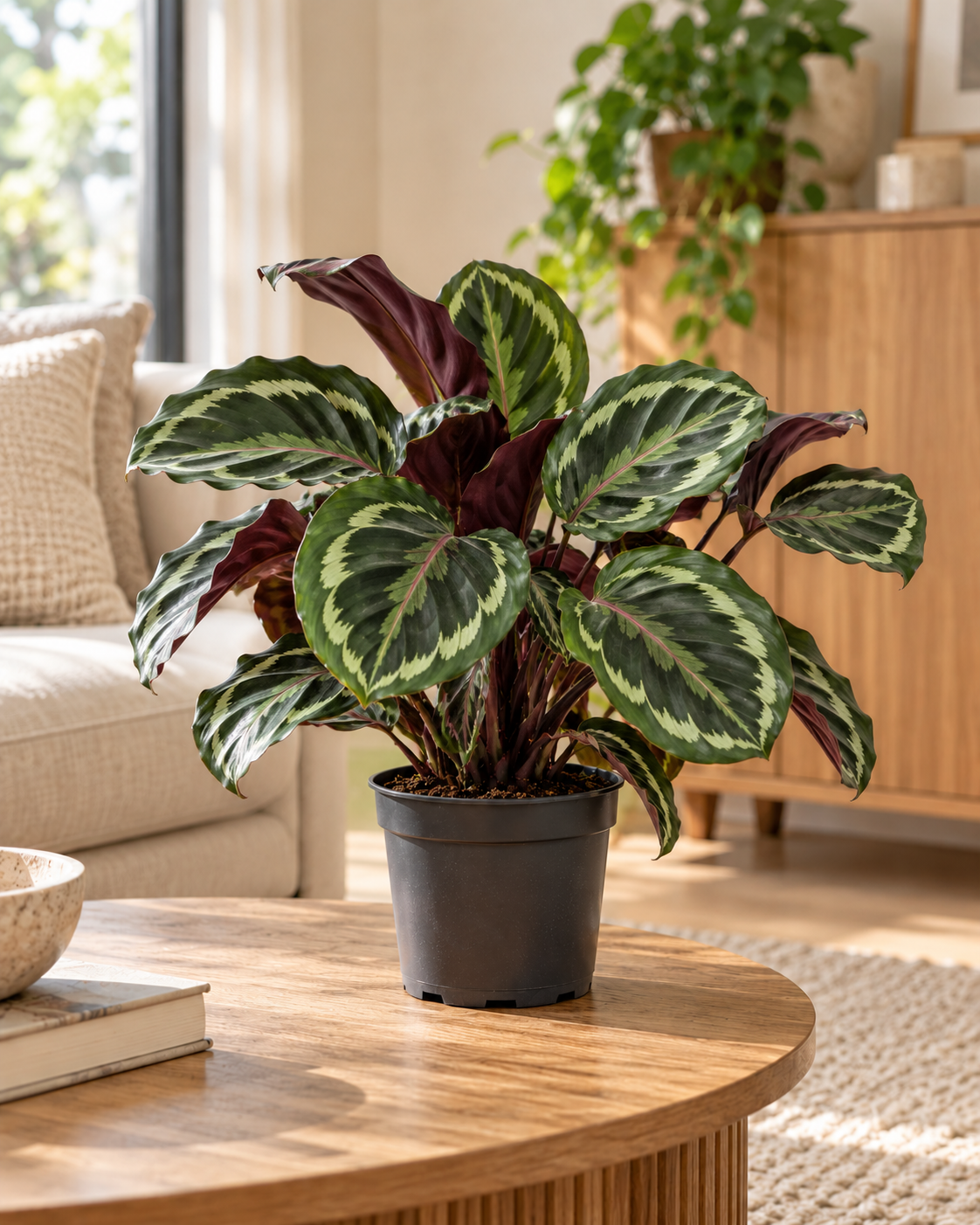 Calathea Medaillon op een houten salontafel in een lichte woonkamer