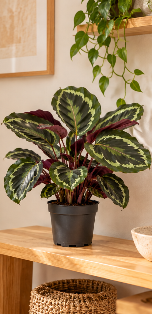 Calathea Medaillon met opvallende groen gepatroneerde bladeren in een modern interieur