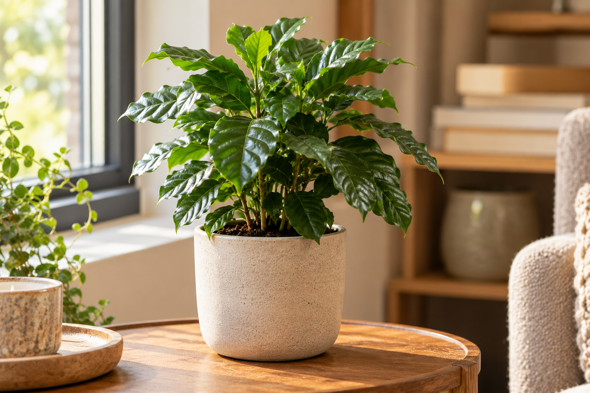 Coffea arabica met glanzend donkergroen blad in een lichte woonkamer