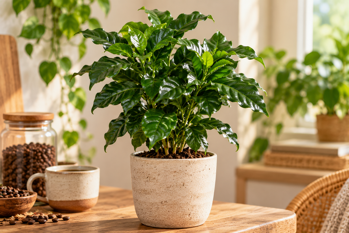 Coffea arabica als koffieplant naast koffiebenodigdheden en natuurlijke woonaccessoires