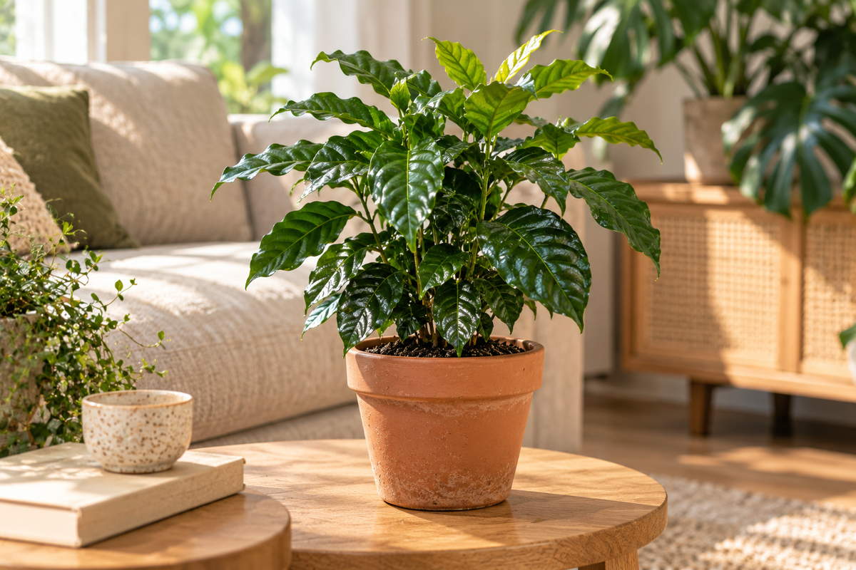Coffea arabica in een terracottapot op een houten tafel in een sfeervol interieur
