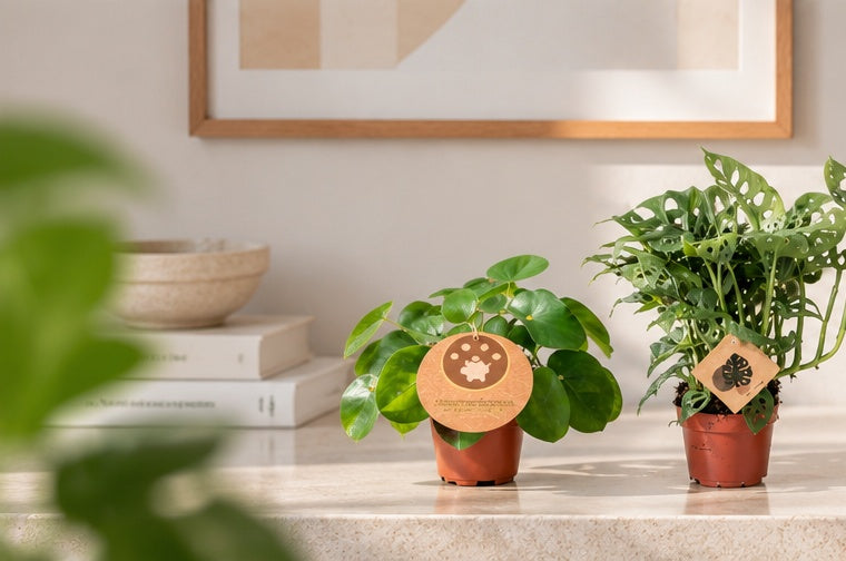 Vier planten uit de Favoriete Plantenbox samen op een zonnige terrastafel