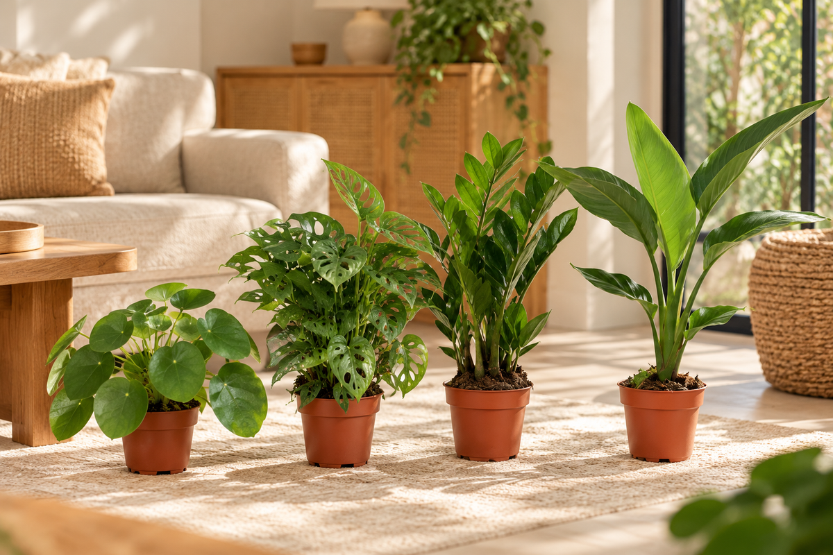 Favoriete Plantenbox met vier kamerplanten in terracotta kweekpotten in een lichte woonkamer
