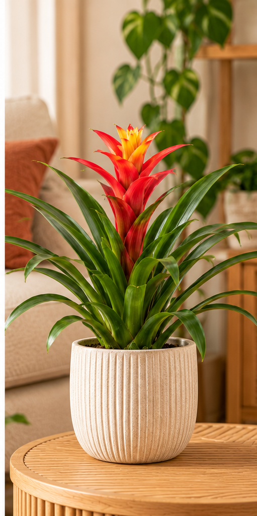 Guzmania Hope met felgekleurde bloem en groene bladeren in een lichte sierpot in een warm interieur
