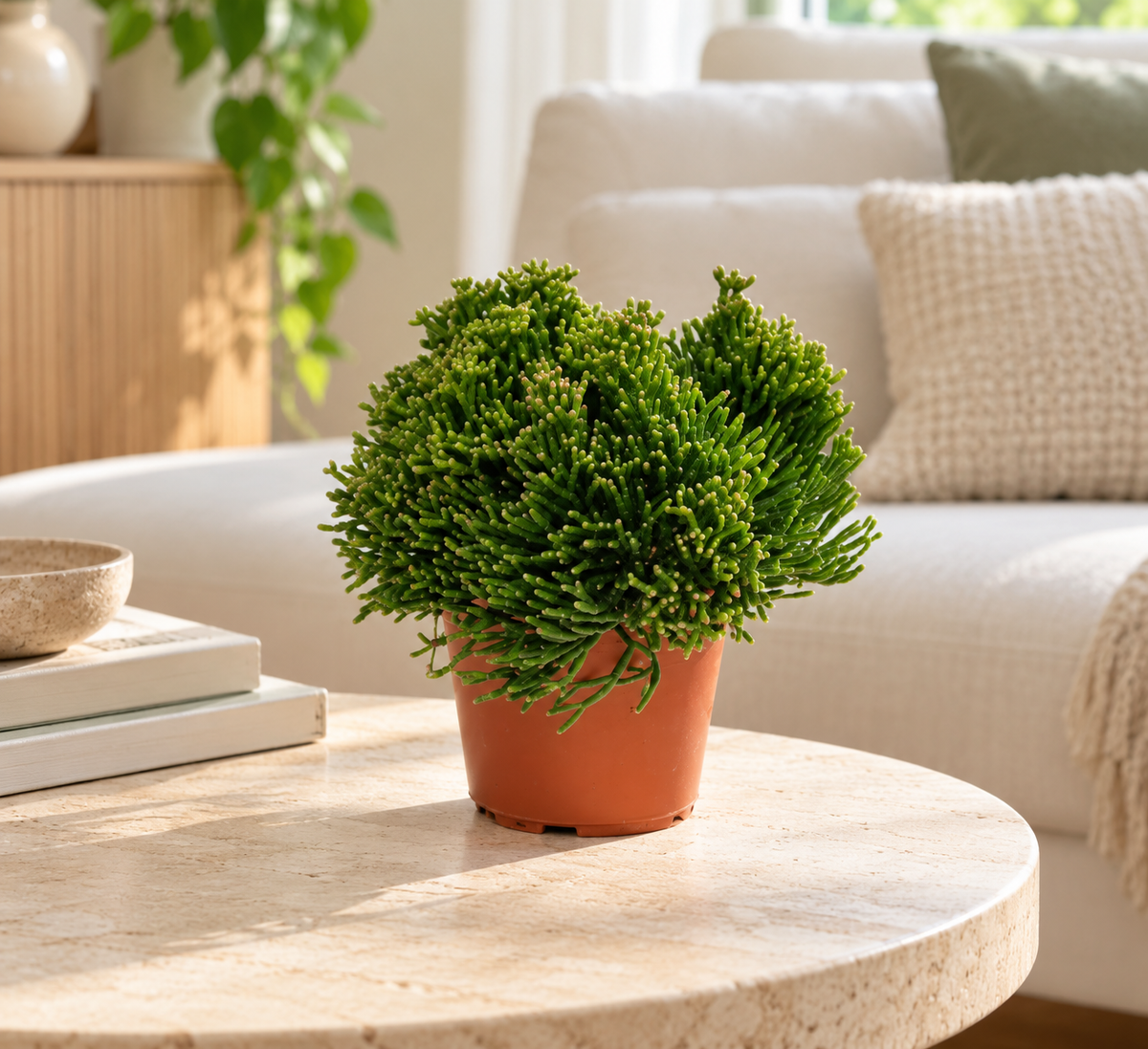 Hatiora salicorniodes als compacte groene plant op een lichte stenen salontafel