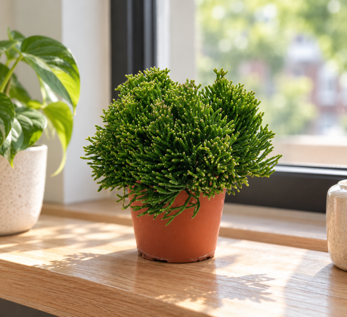 Hatiora salicorniodes met compacte, dicht vertakte groene stengels op een lichte vensterbank