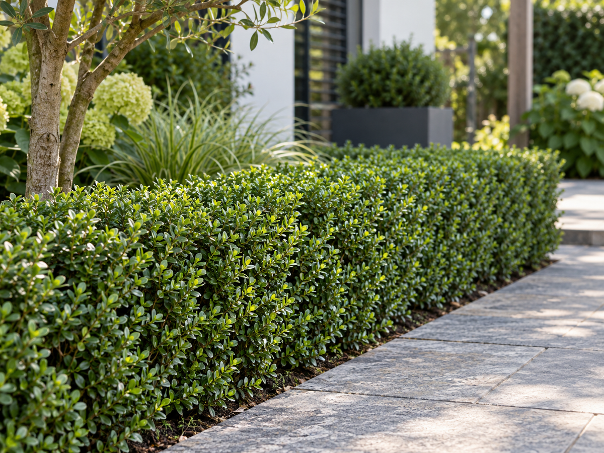 Ilex crenata Jenny met klein donkergroen blad als compacte haag langs een tuinpad