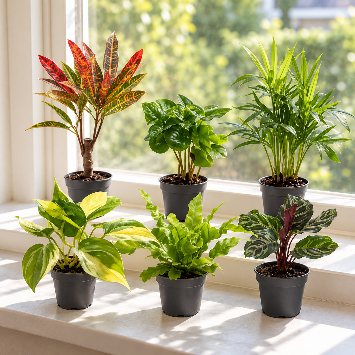 Baby plantjes verrassingsbox met zes mini kamerplanten op een lichte vensterbank