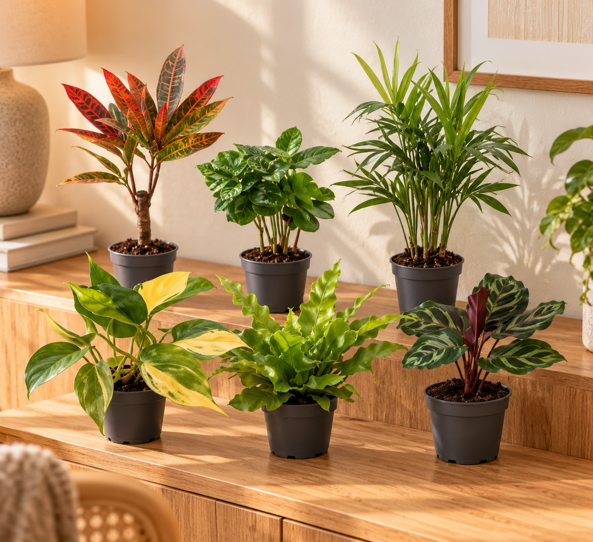 Baby plantjes verrassingsbox met zes mini kamerplanten op een houten dressoir