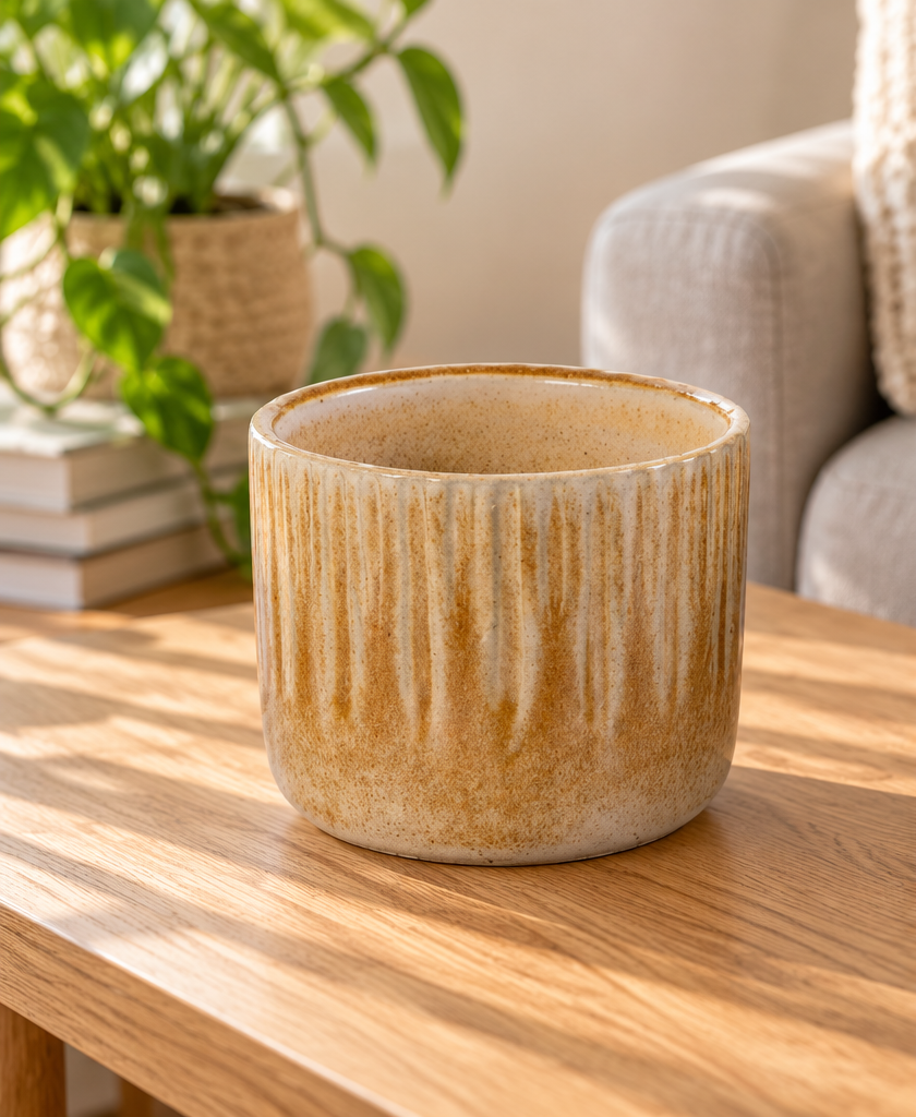 Linnea Honey P6 beige-oker gespikkelde geribbelde pot op een houten tafel