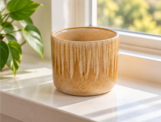 Linnea Honey P6 beige-oker gespikkelde geribbelde pot op een vensterbank