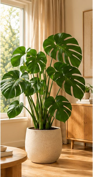 Monstera deliciosa in een warme Scandinavische woonkamer met crème pot en licht houten meubels