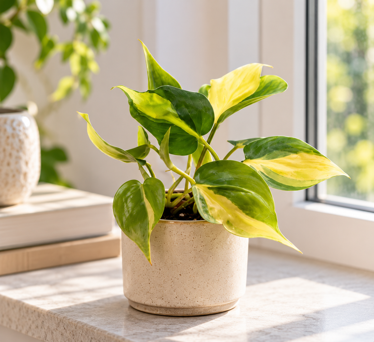 Philodendron scandens Brasil met groen-geel blad op een lichte vensterbank