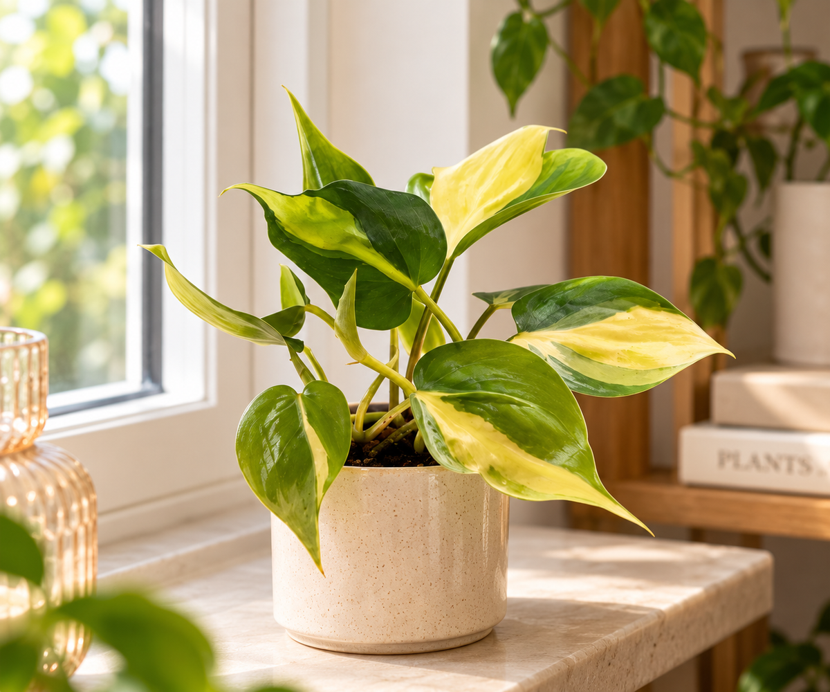 Philodendron scandens Brasil in een warme natuurlijke interieursfeer