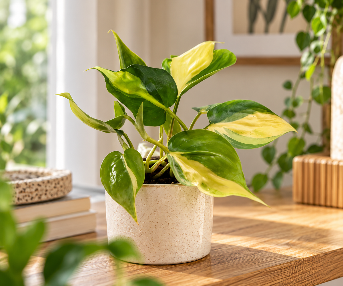 Philodendron scandens Brasil op een houten tafel in een modern interieur