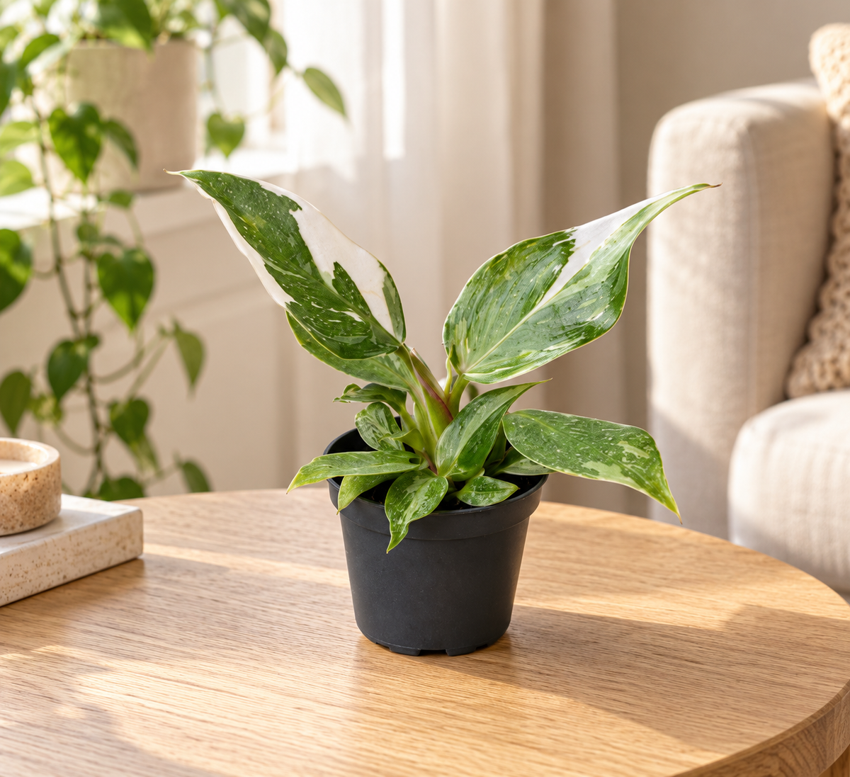 Philodendron White Princess in een lichte woonkamer op een houten tafel