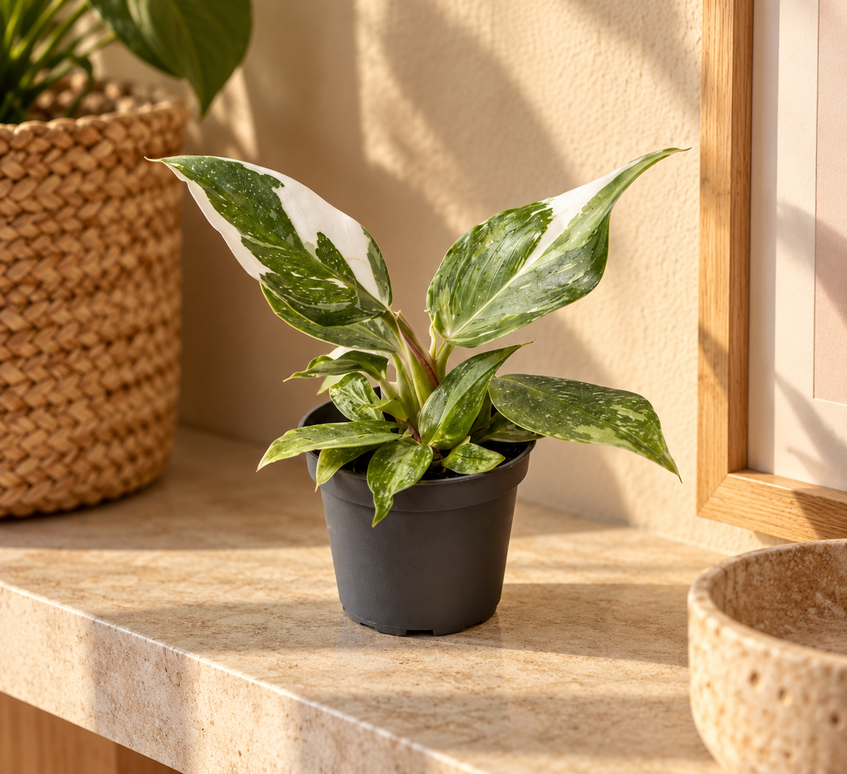 Philodendron White Princess op een lichte natuurstenen plank in warm daglicht