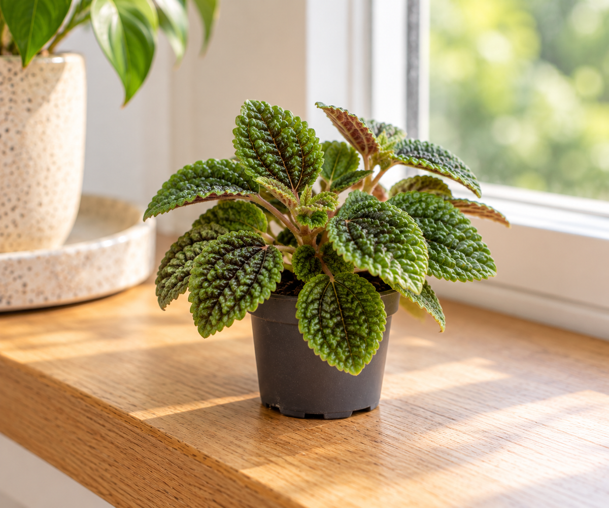 Pilea Moon Valley met gerimpeld groen blad op een lichte houten vensterbank