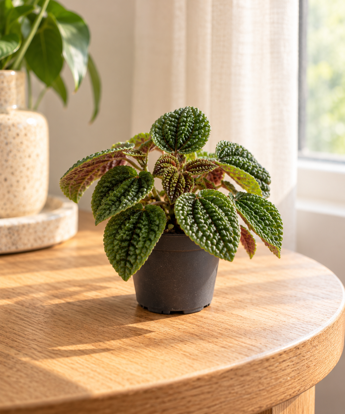 Pilea Moon Valley met diep generfd blad in een warm interieur