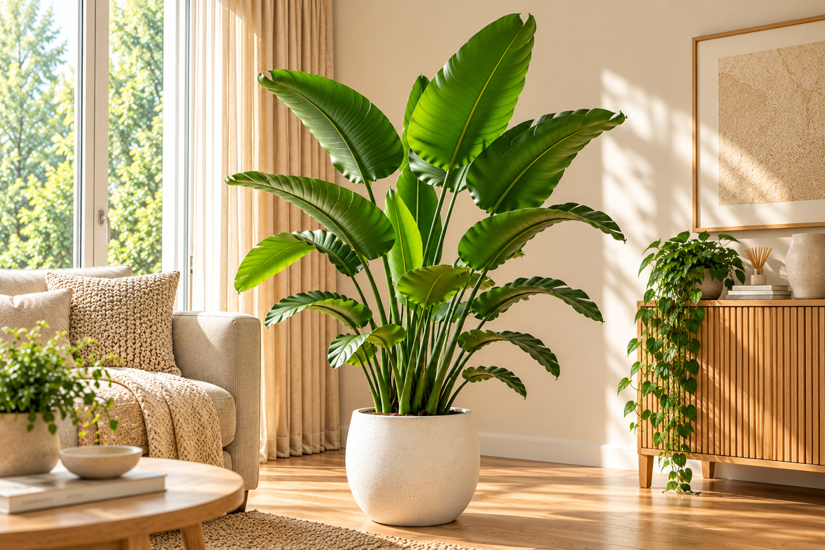 Strelitzia Nicolai in een lichte Scandinavische woonkamer met beige tinten en licht hout