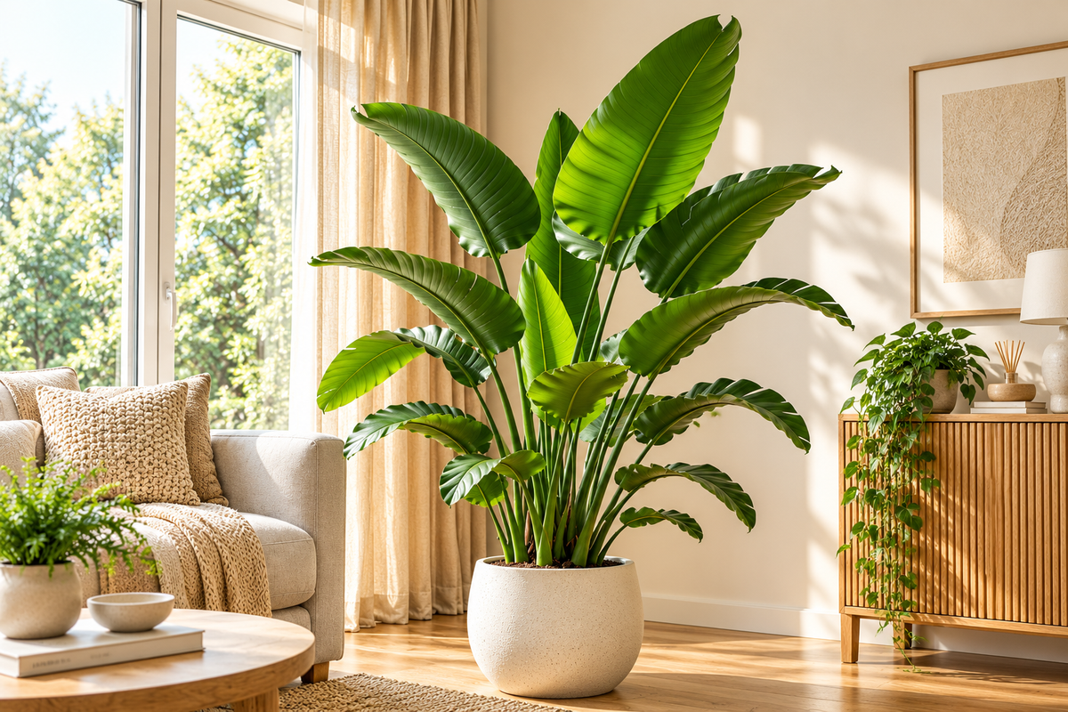 Strelitzia Nicolai in een lichte Scandinavische woonkamer met beige tinten en licht hout