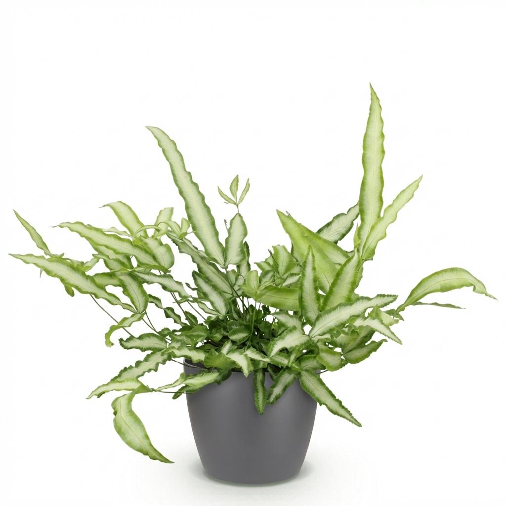 Pteris cretica Albolineata met grijze pot, compacte kamerplant