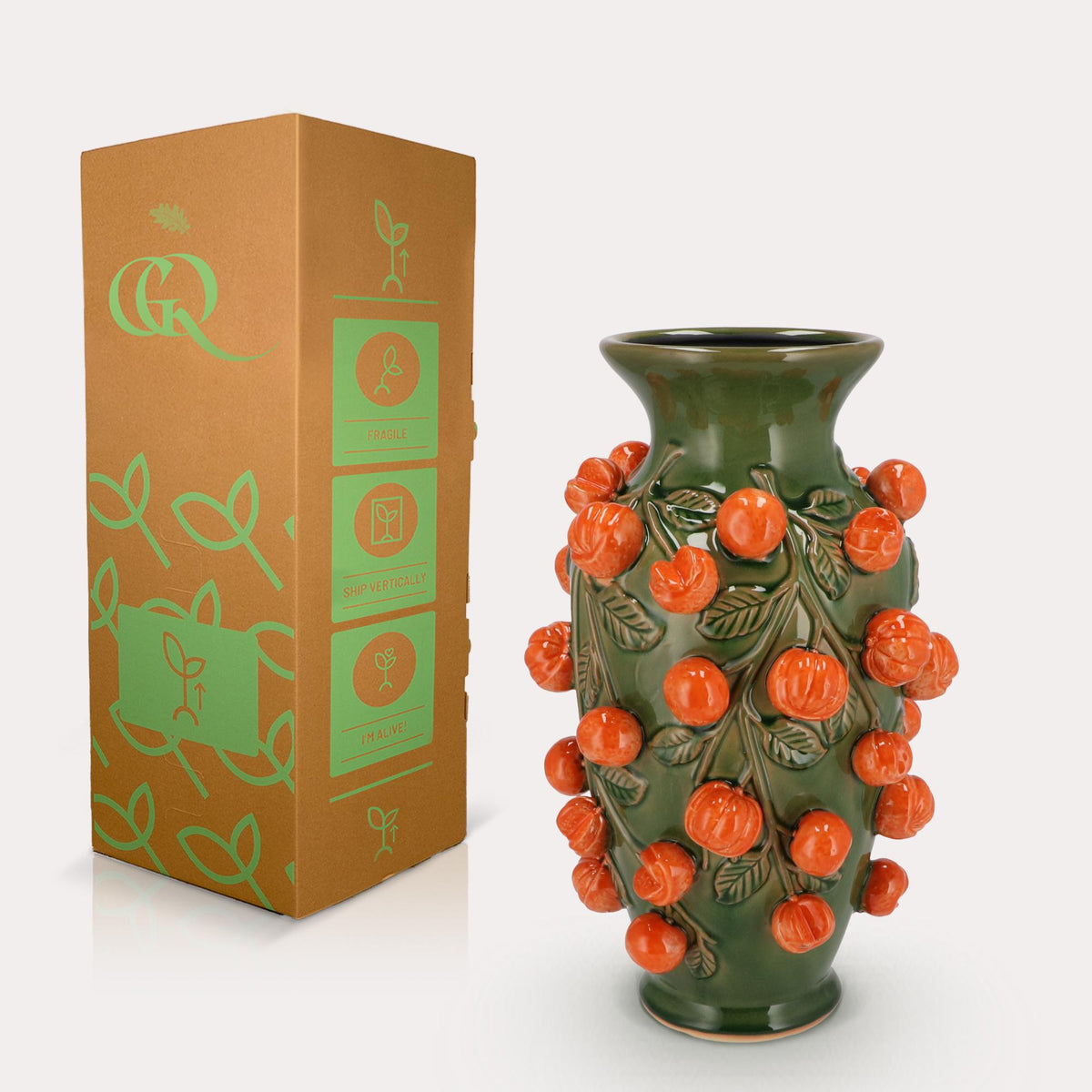 Aardewerk vaas groen met mandarijntjes, maat M, H38 x B24 cm, groene bladeren