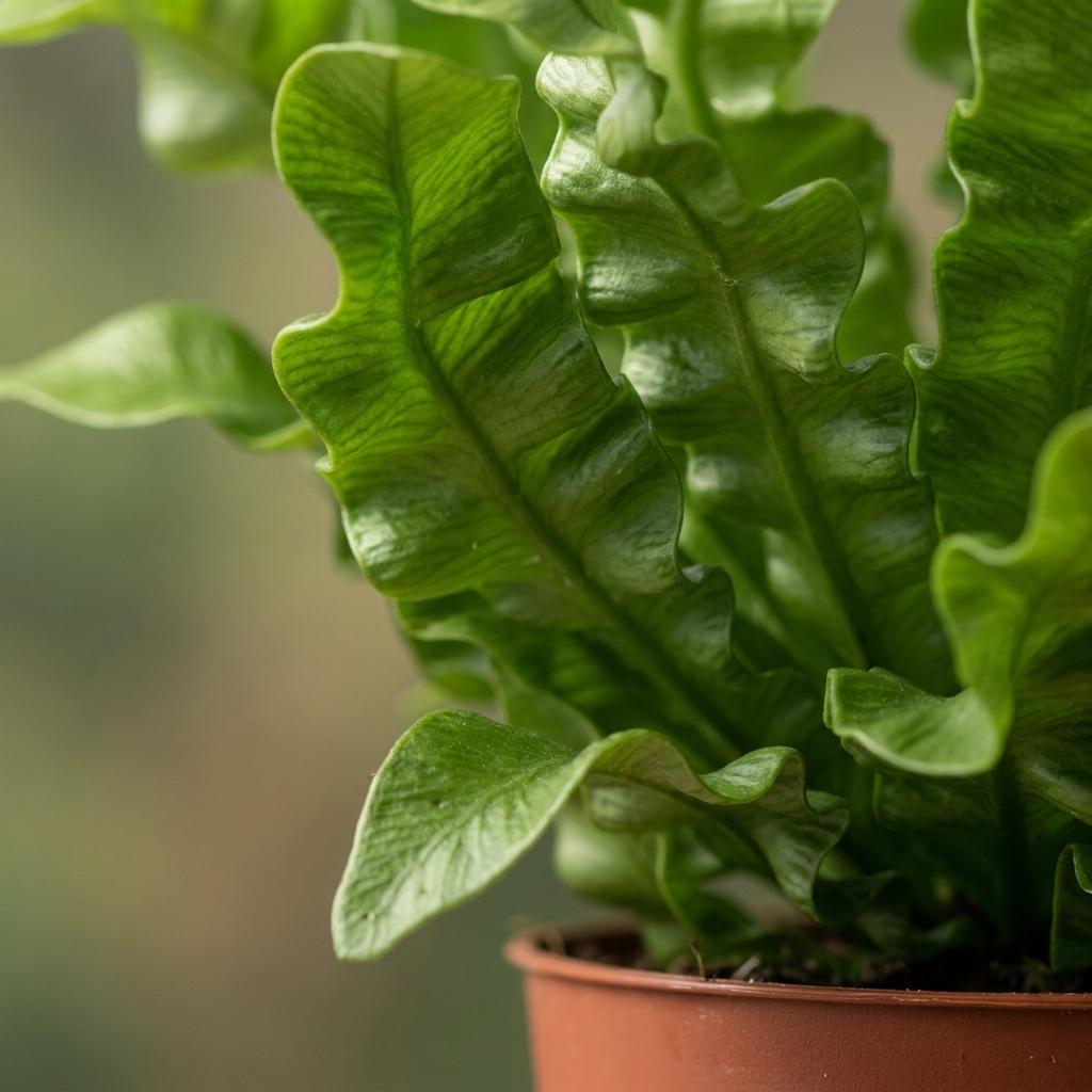 Asplenium Crispy Wave met witte pot, groene bladeren