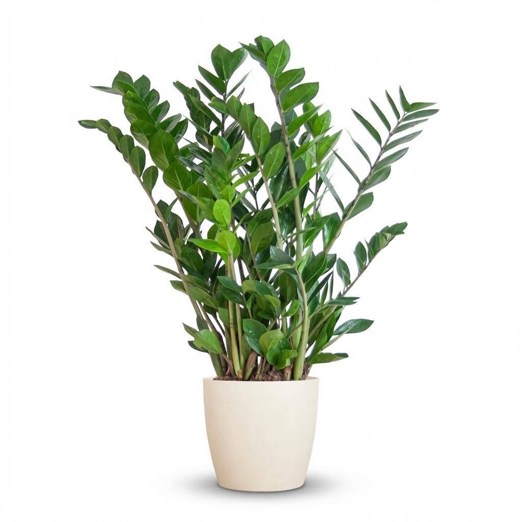 Zamioculcas Zamiifolia met witte pot, detail van het blad