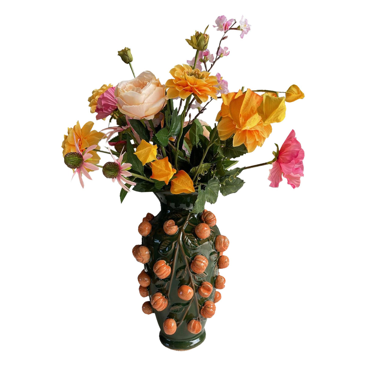 Kunstbloemen - Boeket L - Orange Summer, groene bladeren