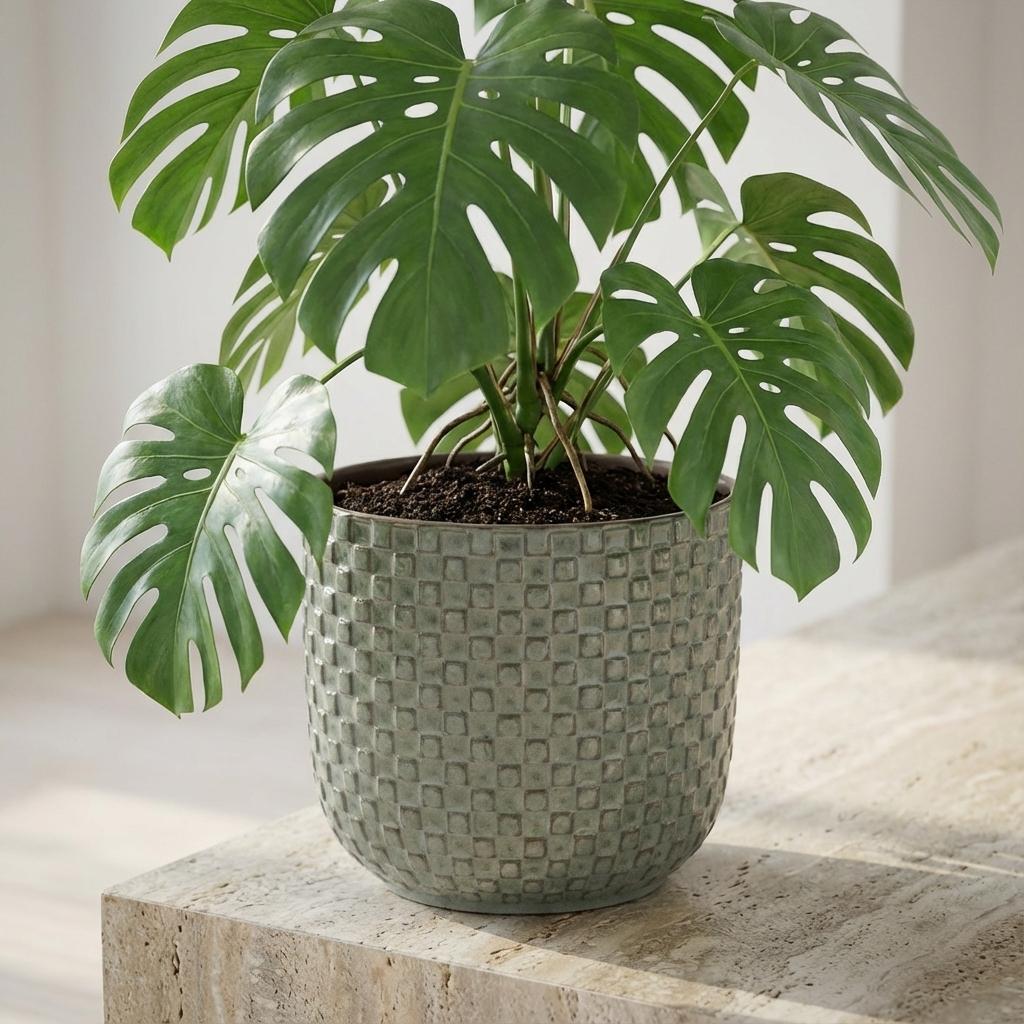 Mini plantenpot met reliëf, keramiek in groen, Ø7 cm, groene bladeren