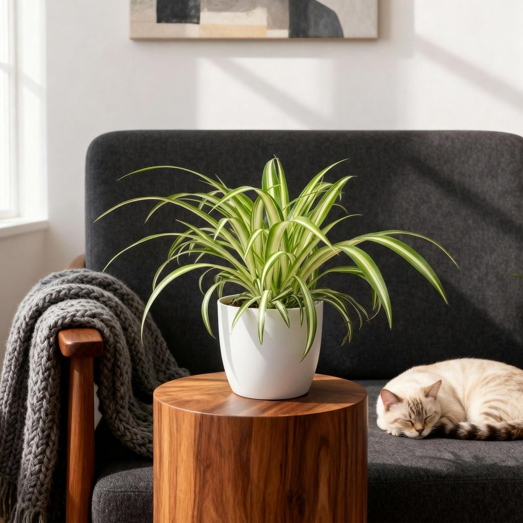 Chlorophytum comosum Variegatum met witte pot, groene bladeren